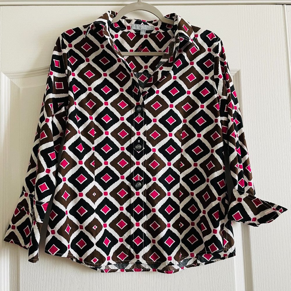 Foxcroft Womens Wrinkle Free Fitted Graphic Print Brown Pink Button Down Shirt